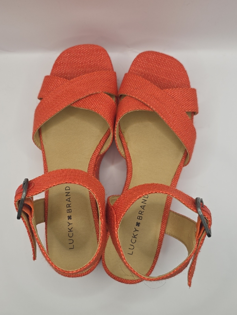 Lucky Brand Orange Woven Platform Sandals with Buckle Bright Fun Travel Vacation - Picture 5 of 9